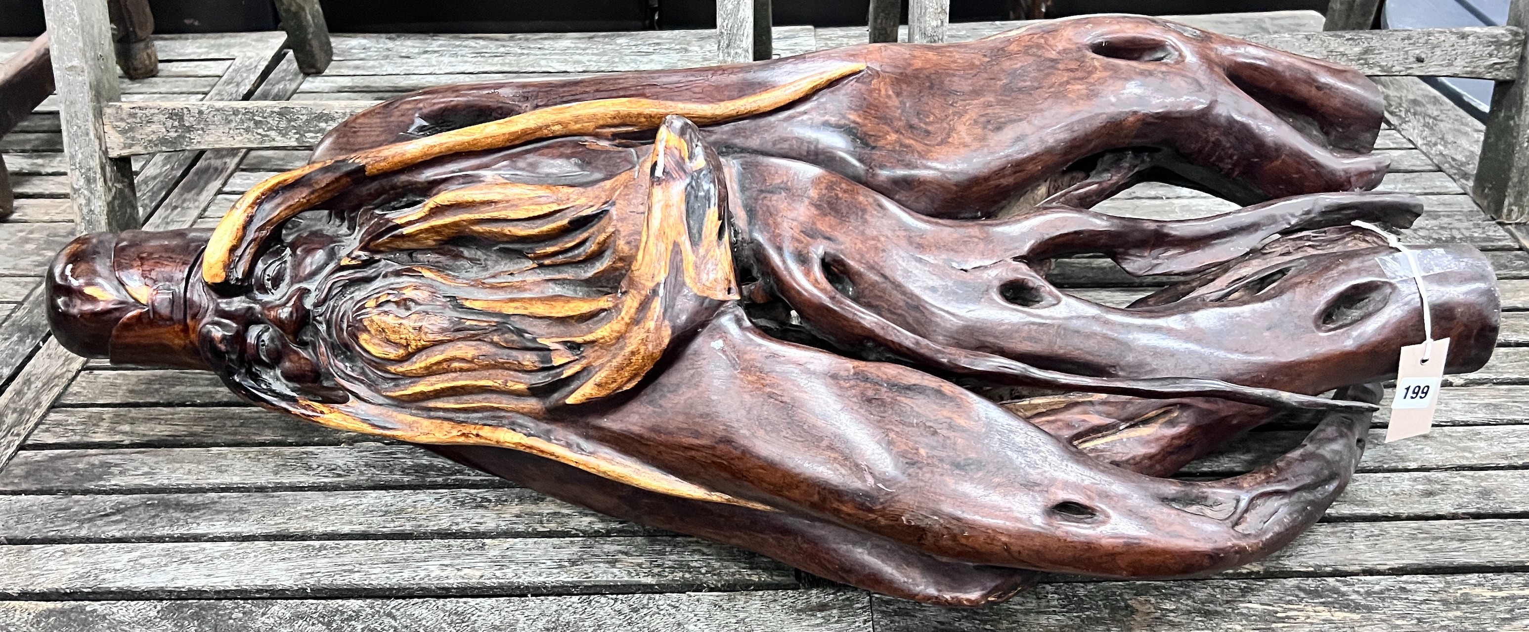 An Asian rootwood carving of a sage, height 96cm *Please note the sale commences at 9am.
